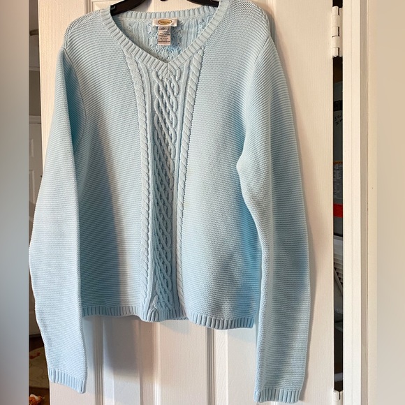 Vintage Talbots Light Blue V-Neck sweater. 100% Heavy Cotton. Cable front & back - Picture 1 of 15